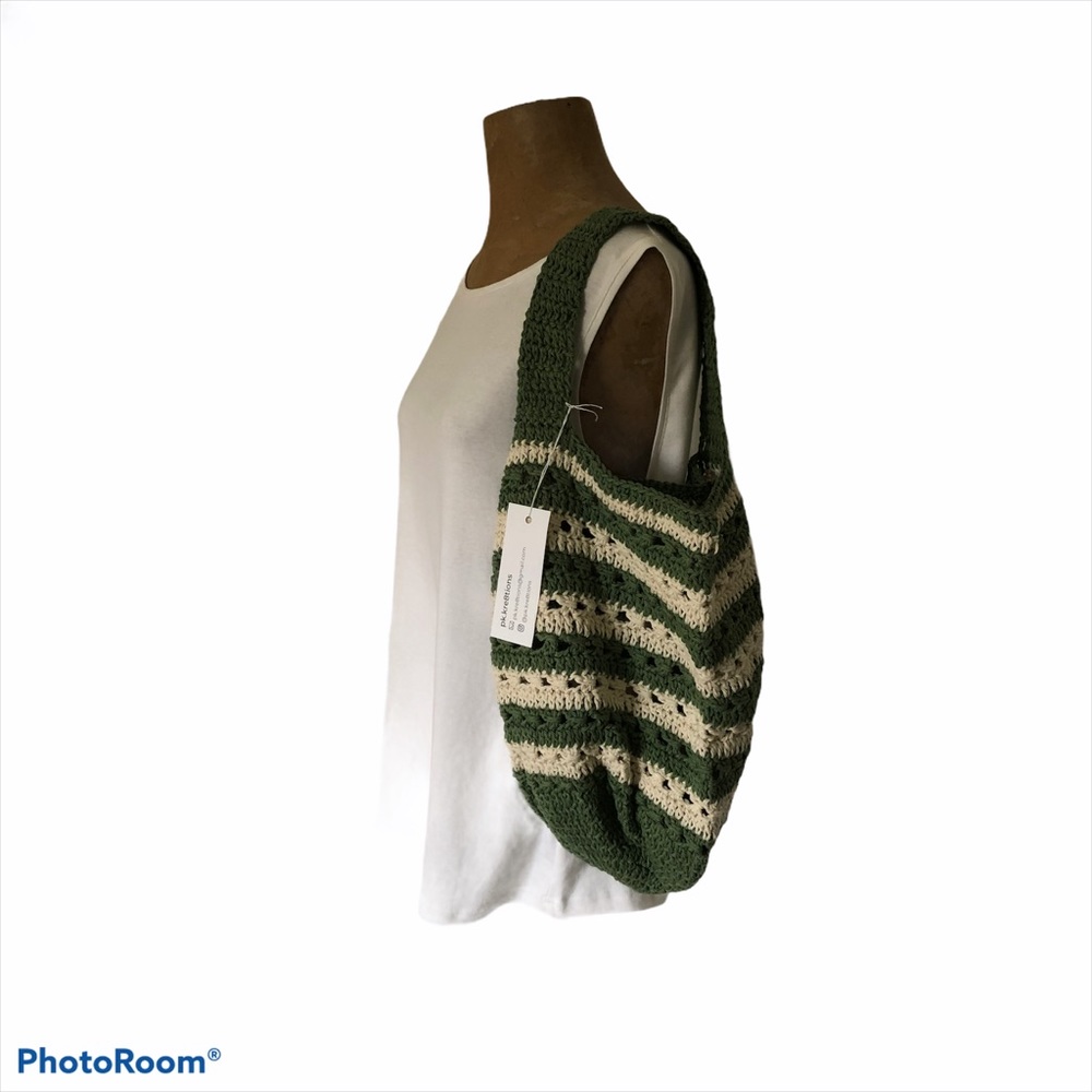 Handmade Crochet Cotton tote Green Cream Stripes
